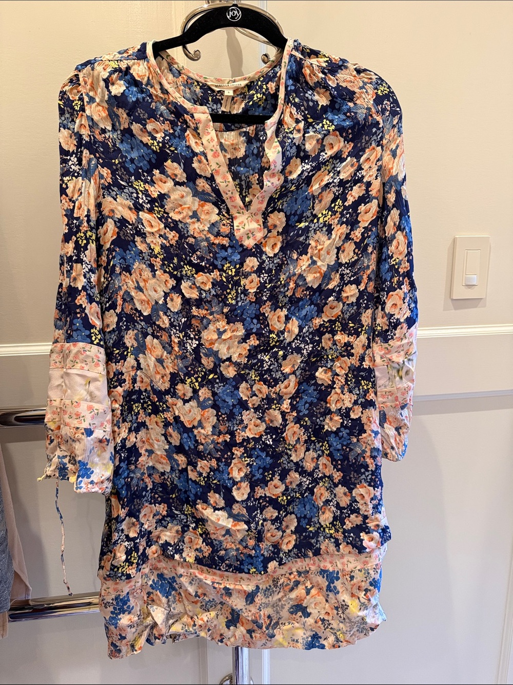 Rebecca Taylor Floral Navy and Peach Silk Tiered Women's Dress or Beach Coverup